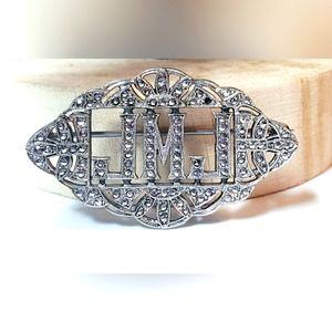 Vintage Art Deco JMJ Monogram Style Sterling Silver Marcasite Brooch Pin